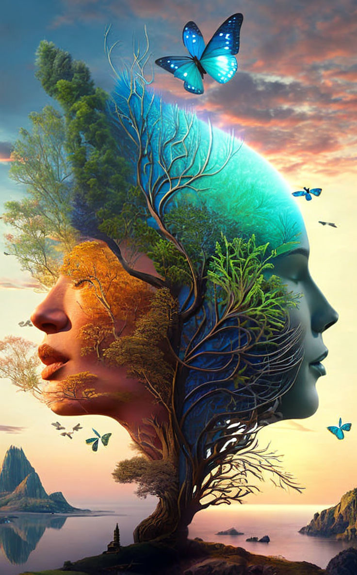 Female profile merged with tree in surreal landscape with butterfly hair and sunset sky