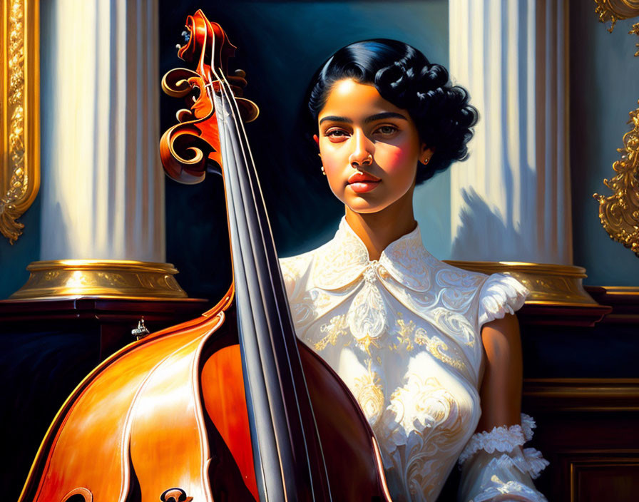 Woman with Elegant Hairstyle Next to Cello in Luxurious Setting