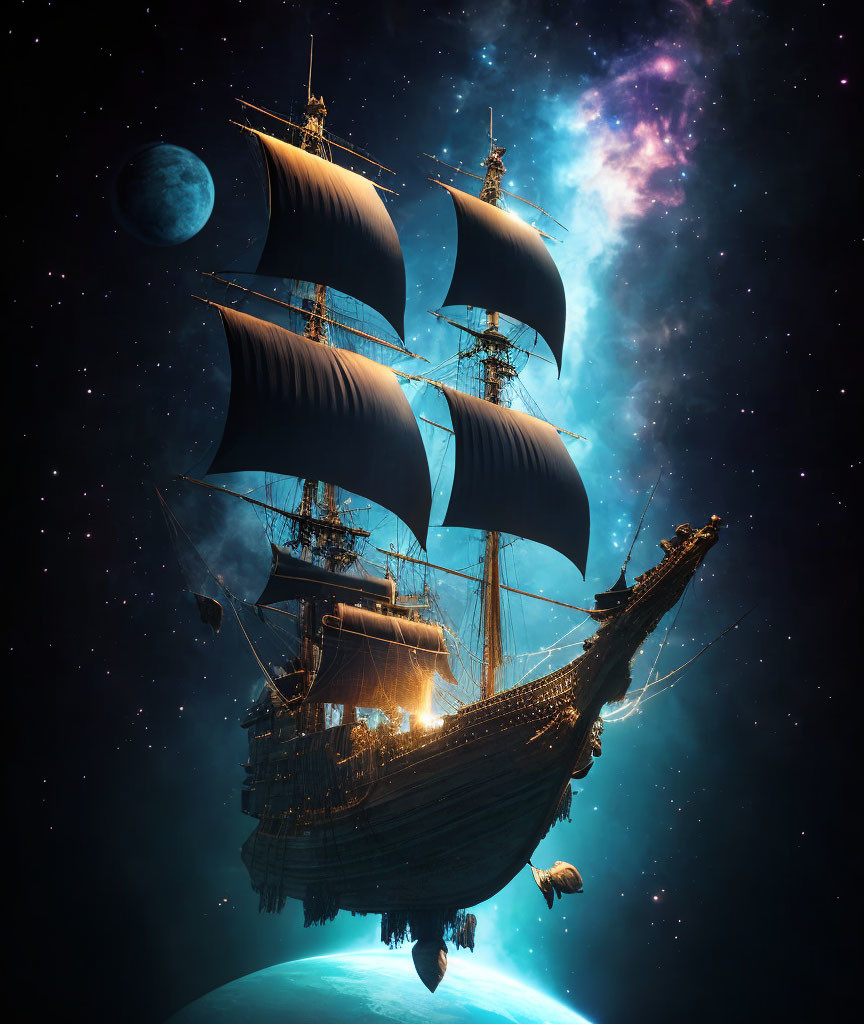 Majestic sailing ship in space with full sails, distant moon, stars, and cosmic clouds