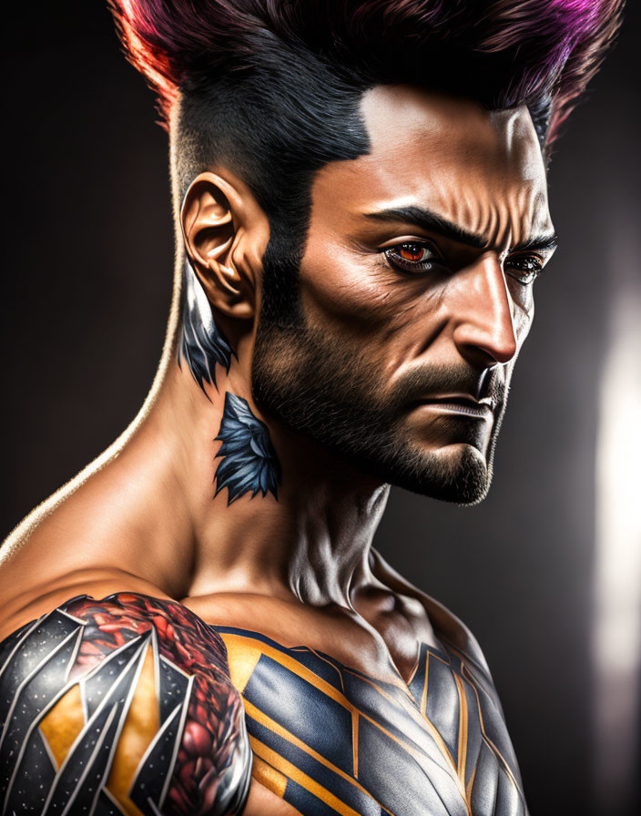 Colorful digital portrait of a man with beard, mohawk, and tattoos