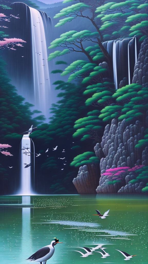 Tranquil digital painting: waterfalls, lush greenery, birds, serene lake
