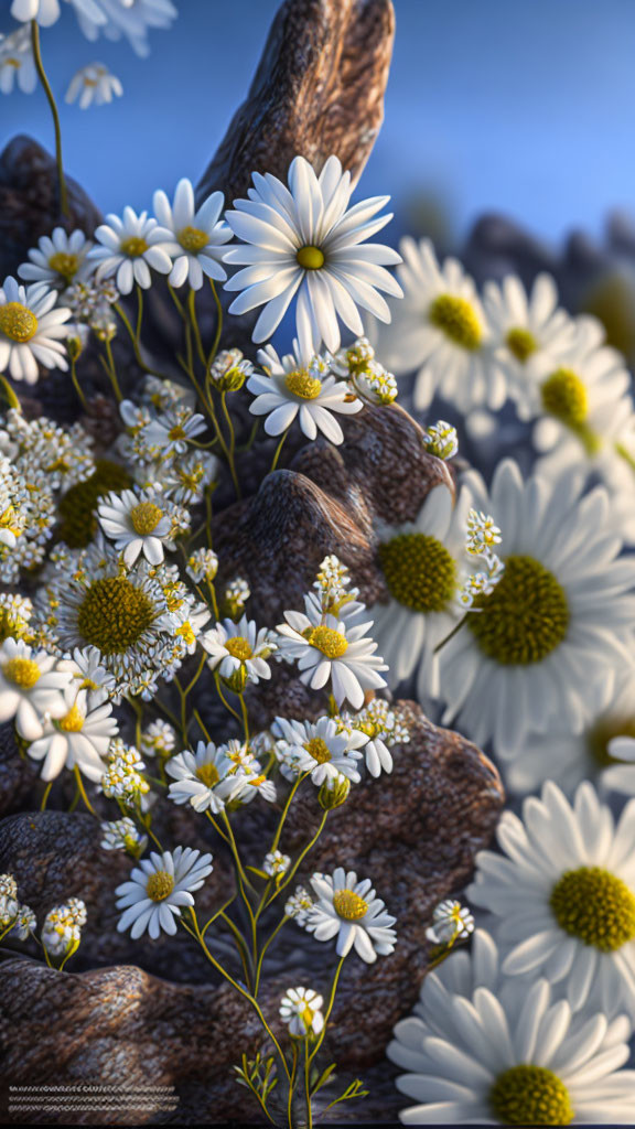 White Daisies with Yellow Centers on Brown Surface Against Blue Background