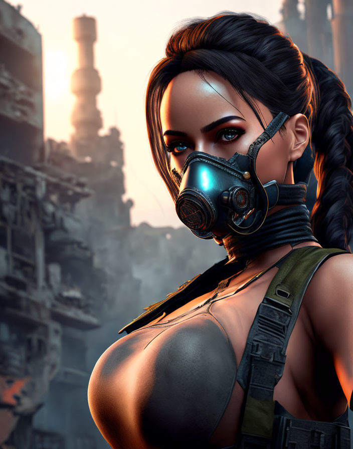 Female character in gas mask with dark hair and tank top in post-apocalyptic setting