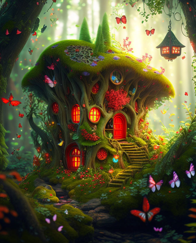 Whimsical treehouse surrounded by glowing windows and butterflies