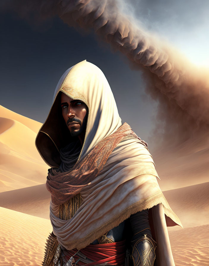 Digital art image of robed figure in desert with sand dunes and dark smoke trail