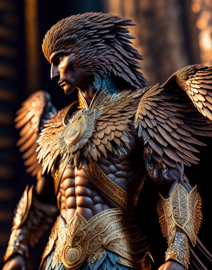 Detailed Warrior Statue with Feathered Armor and Bird-Like Helmet