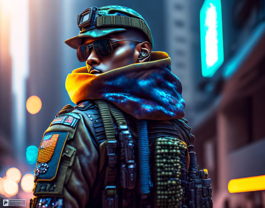 Person in Sunglasses and Tactical Vest in Urban Setting with Neon Lights