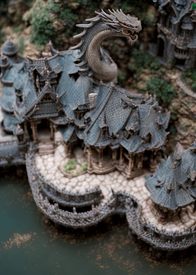 Intricate miniature model of dragon above castle with moat