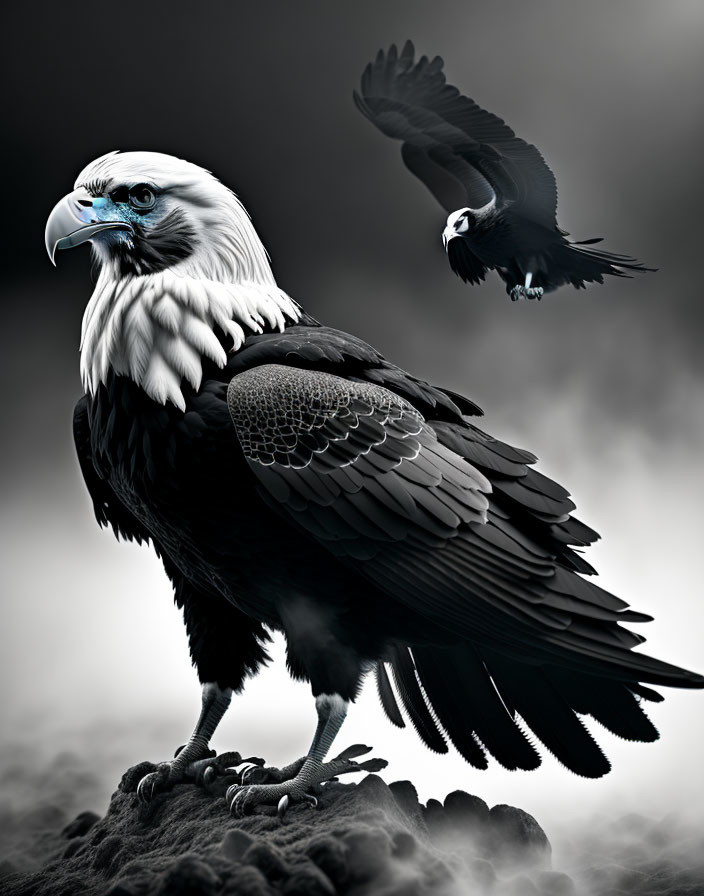 Monochrome image: Bald eagle perched on rock with flying eagle, cloudy sky