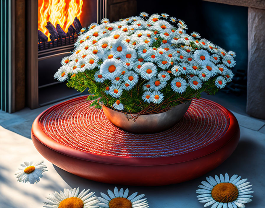 Potted daisy plant on woven mat by fireplace with scattered flowers