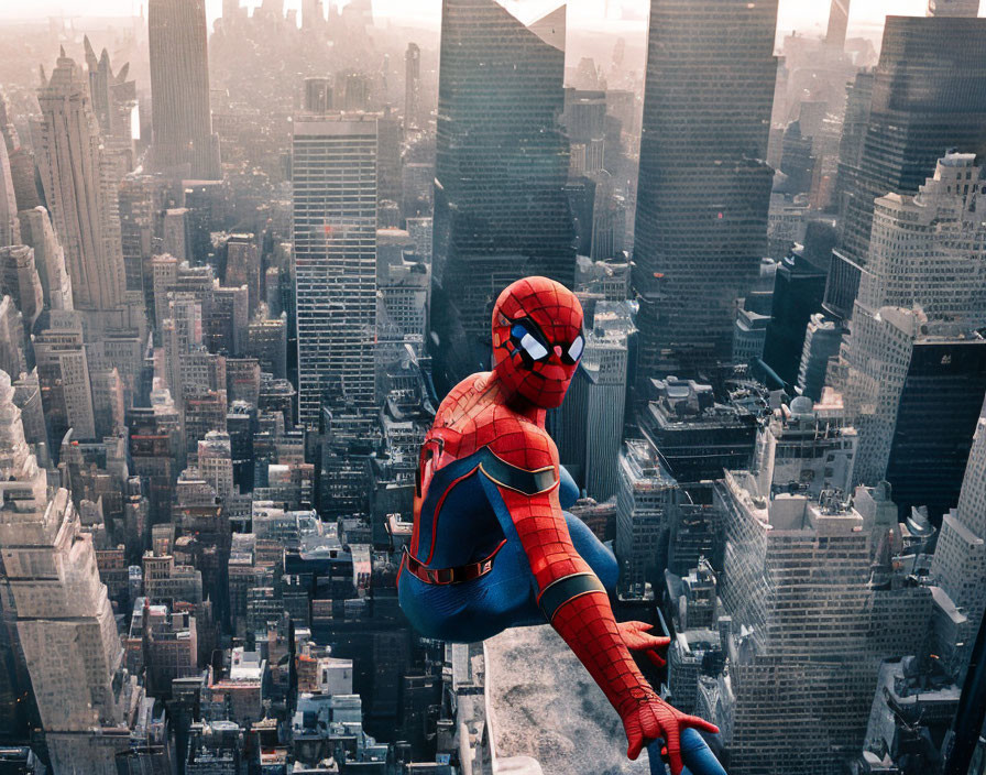 Cosplayer in Spider-Man costume on skyscraper edge with cityscape view.