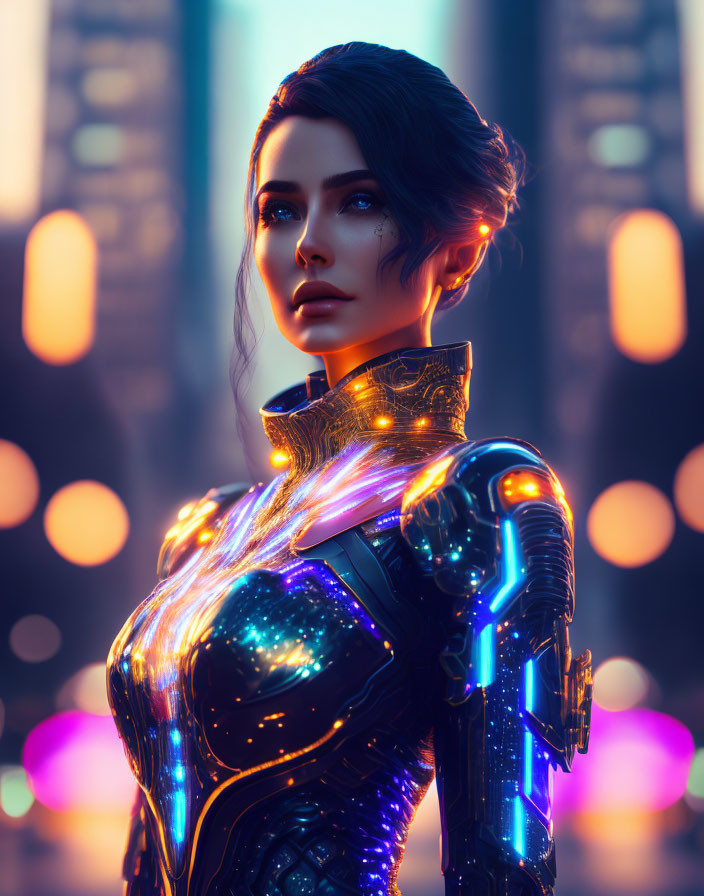 Futuristic woman in cybernetic armor against neon-lit cityscape