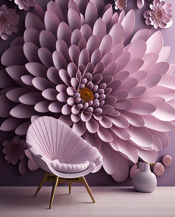 Stylized room with large 3D floral mural, modern pink chair, and decorative vases