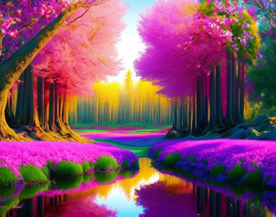 Colorful Landscape with Pink Trees, Blue River, and Yellow Sunrise