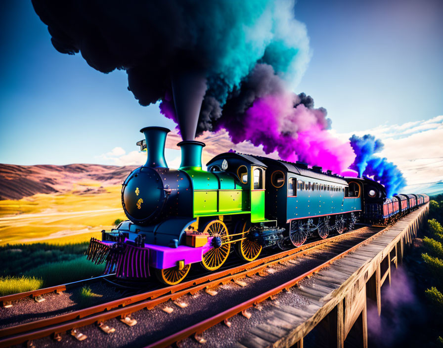 Vintage steam locomotive crossing bridge in scenic landscape with dark smoke and blue steam at sunset