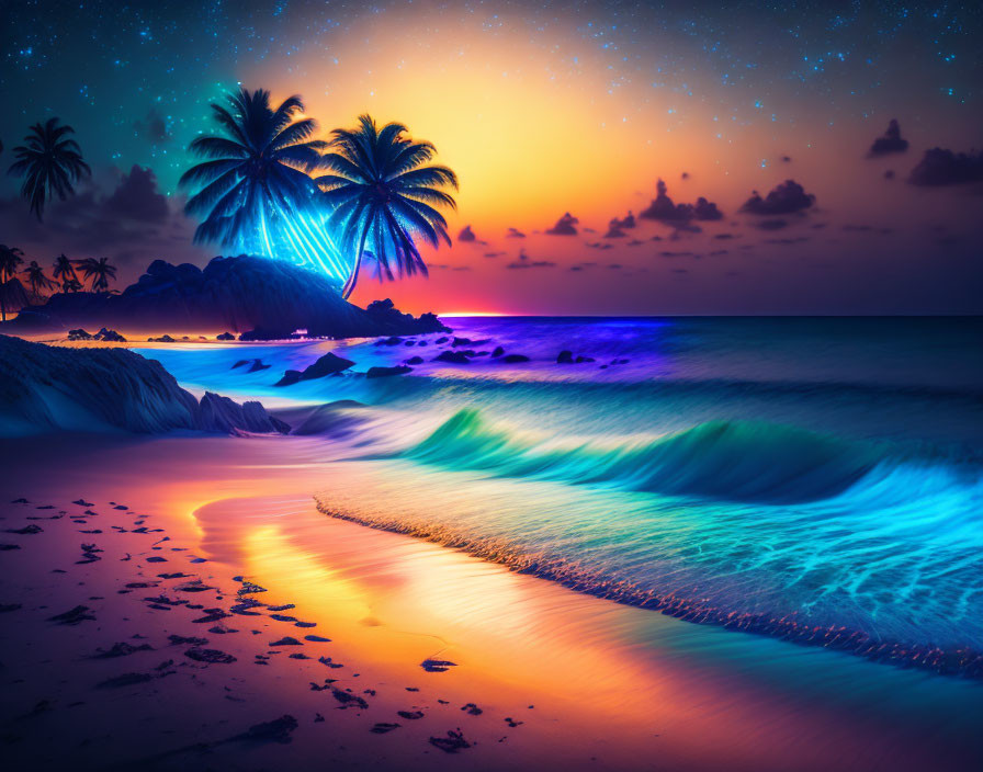 Twilight tropical beach scene with glowing waves, palm trees, and colorful starry sky