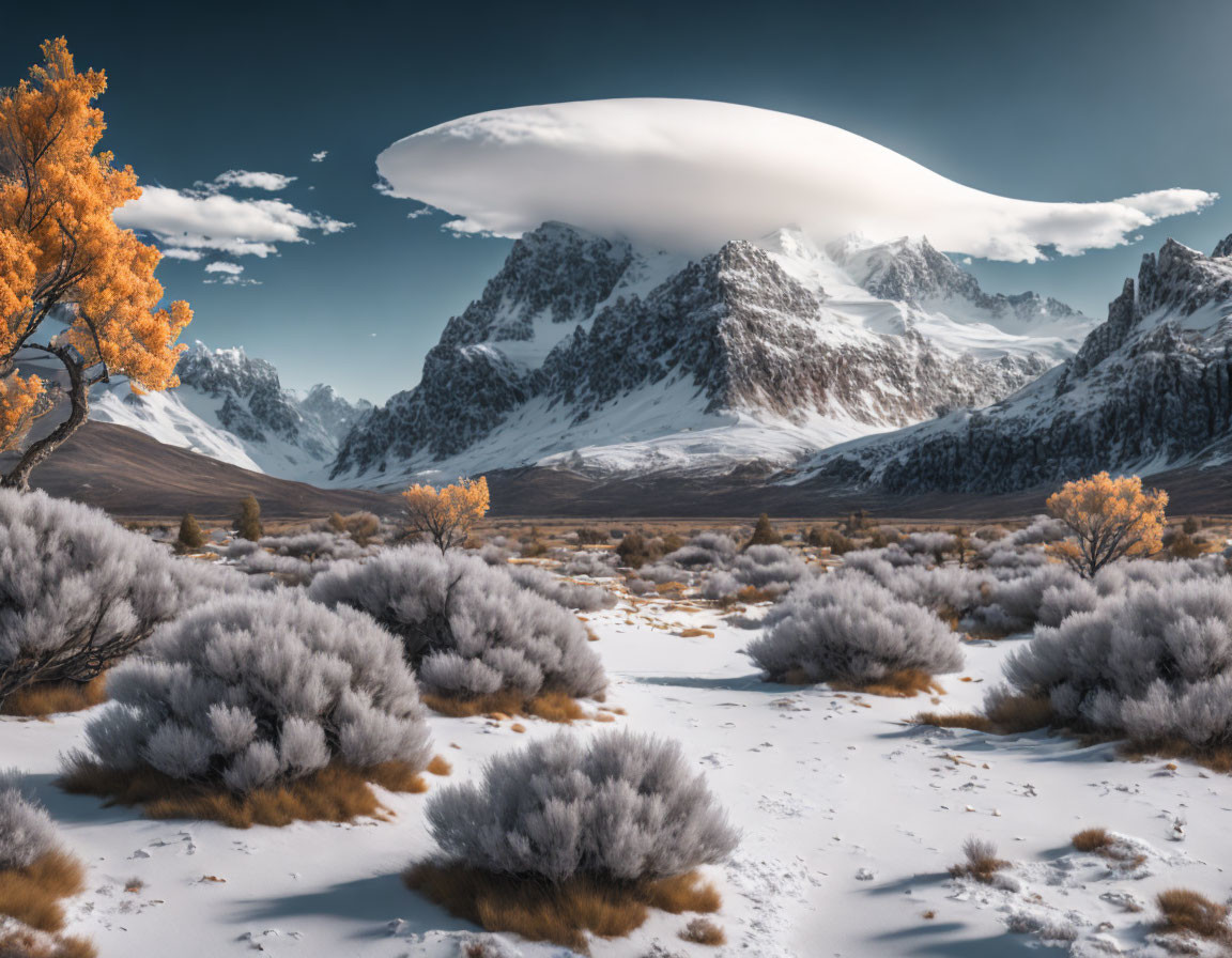 Golden Leaves on Autumnal Trees Against Snowy Mountain Landscape