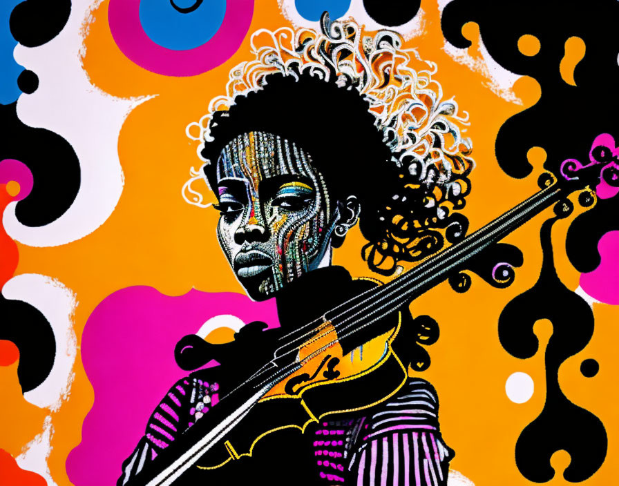 Colorful abstract artwork: Woman with afro holding violin