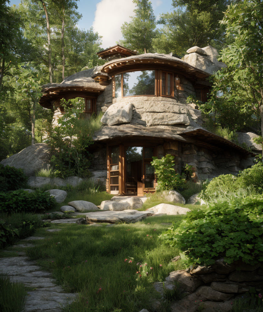 Thatched roof stone cottage in natural setting