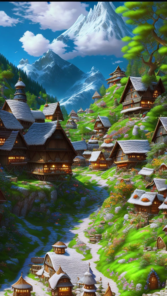 Scenic village with cozy cottages, winding path, greenery, snowy mountains