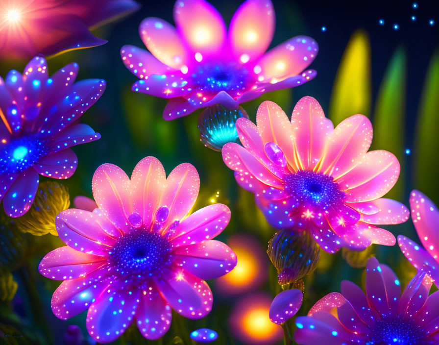 Neon-glowing pink and blue flowers digital artwork on dark background