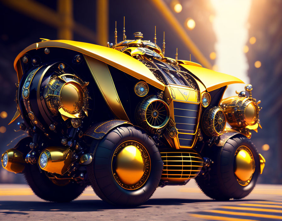 Futuristic gold and black vehicle with large tires in dramatic warehouse setting