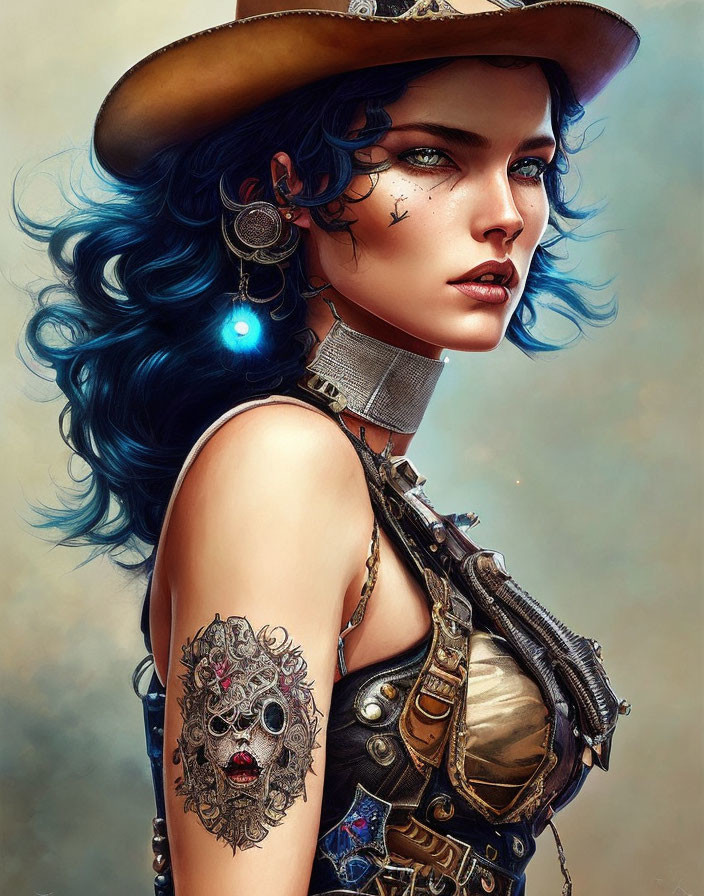 Steampunk-themed illustration of woman with blue hair and accessories