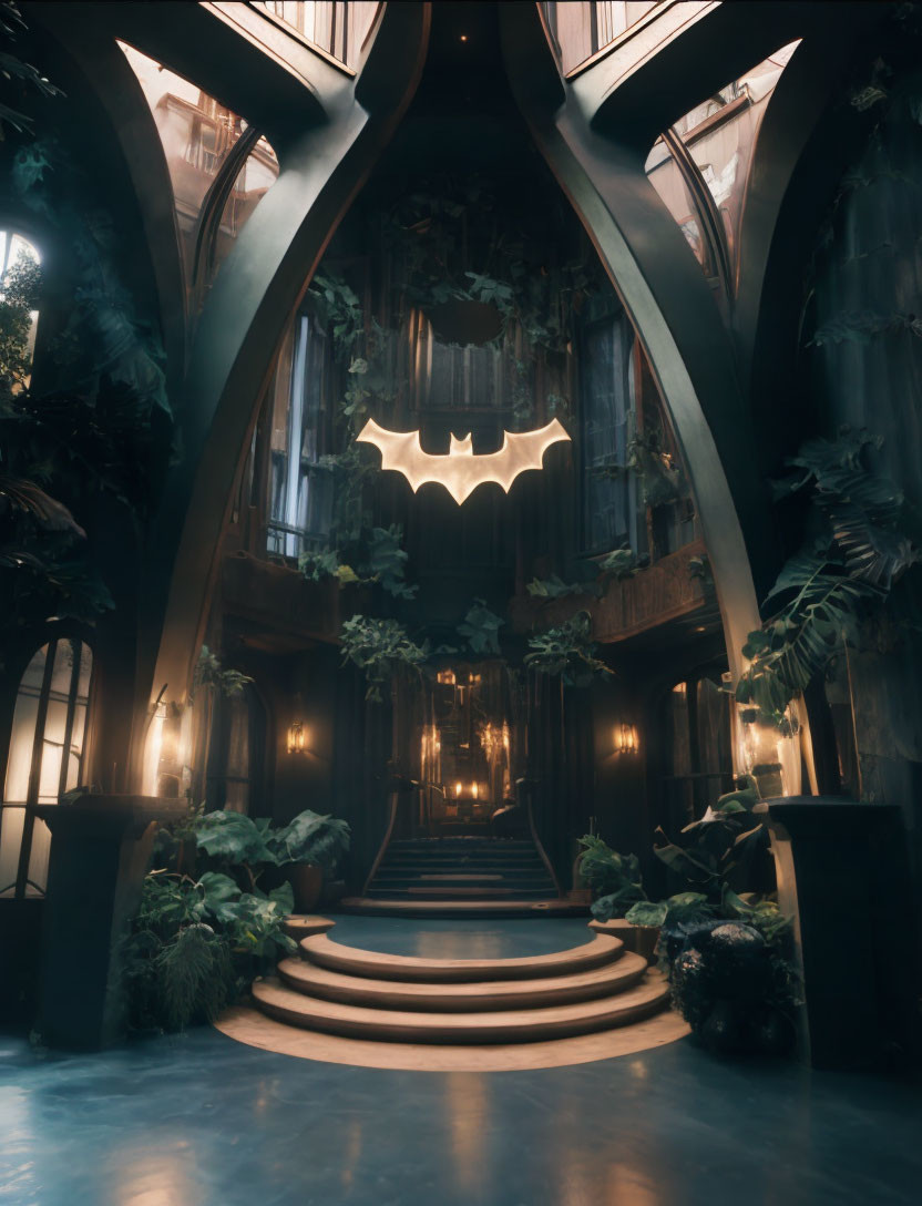 Gothic foyer with curved staircases and bat symbol