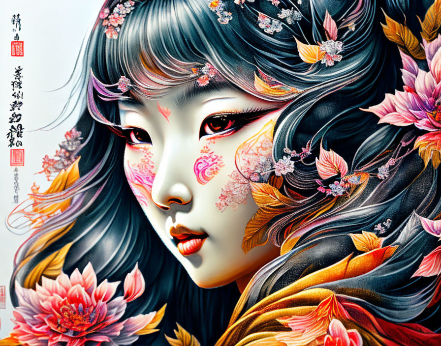 Detailed Floral Designs Adorn Asian Woman in Vibrant Illustration