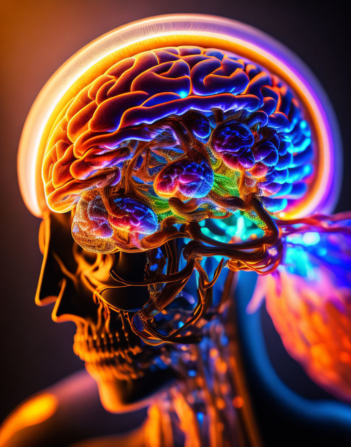 Vibrant 3D human brain illustration with neon lights