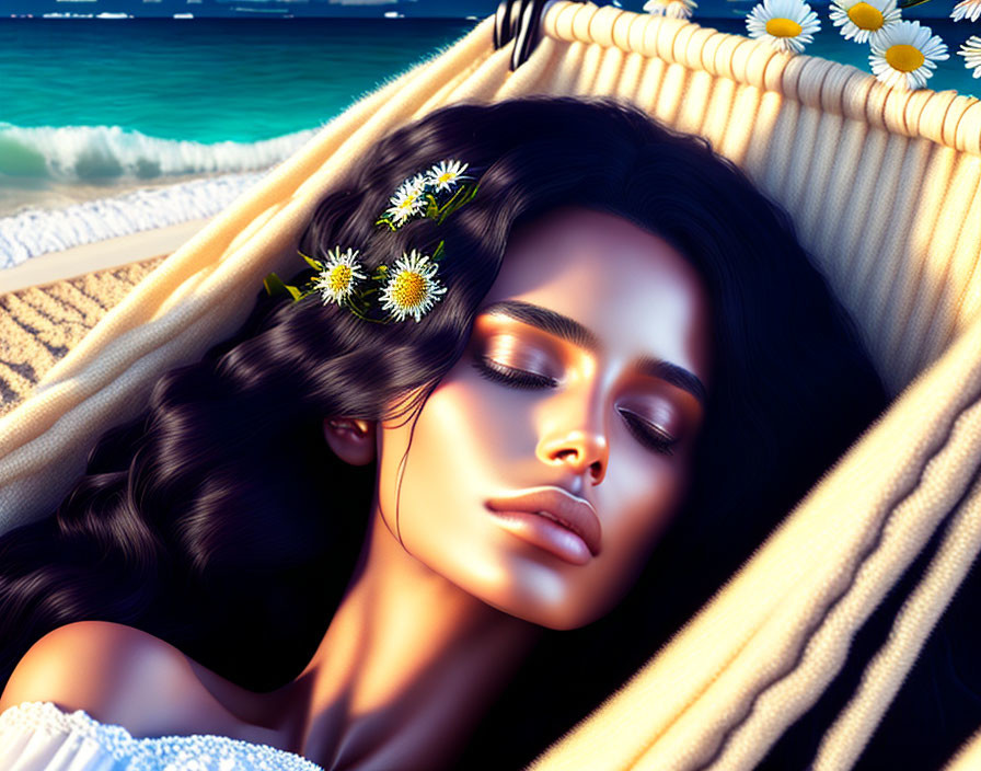 Dark-Haired Woman with Daisies Resting in Sunlit Beach Hammock