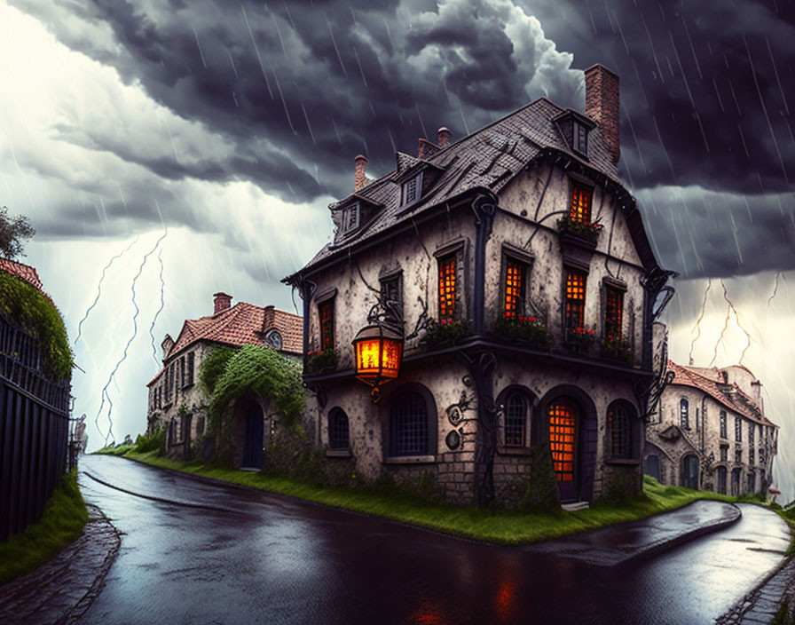 Vintage stone house in stormy weather with lightning strikes
