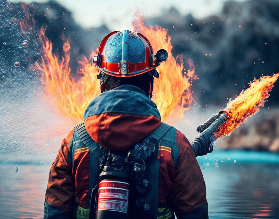 Firefighter in Full Gear Holding Flame Hose Against Blurred Natural Background