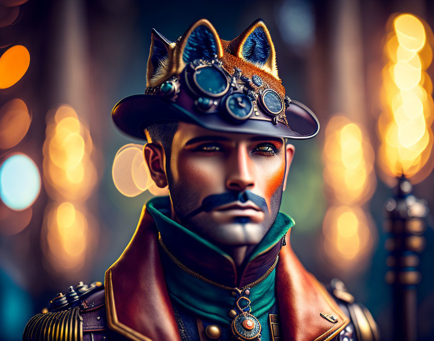 Man in Fox Hat Steampunk Outfit Portrait with Bokeh Lights