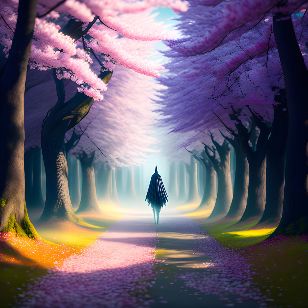 Person walking on cherry blossom-lined magical path in misty forest