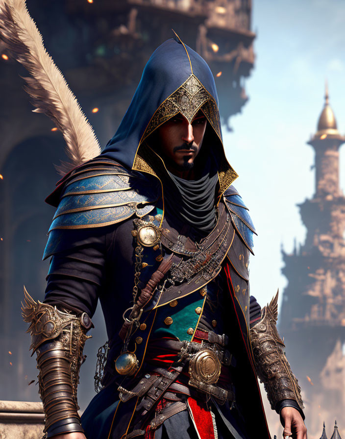 Character in Blue Hooded Cloak with Armor Plates and Feathers in Front of Ancient Cityscape