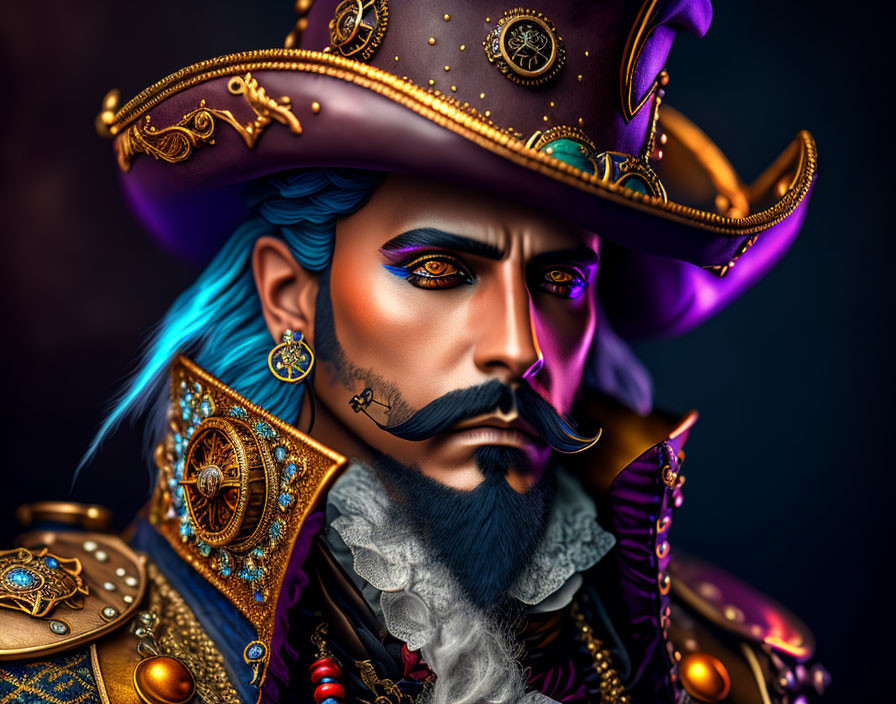 Fantasy pirate captain with blue hair and ornate purple hat in detailed coat