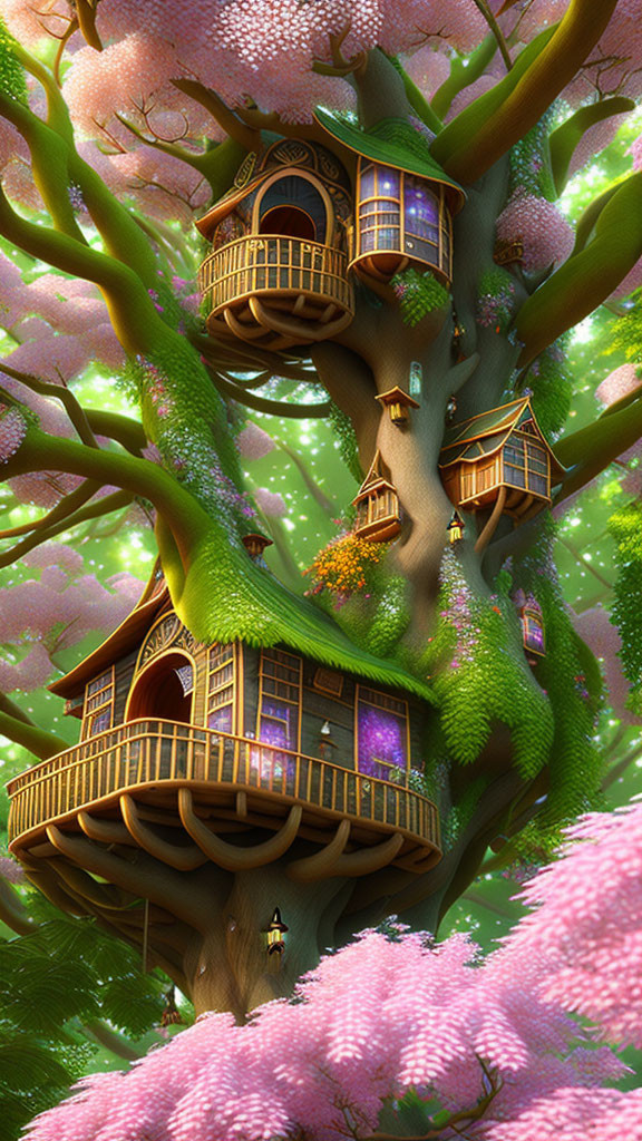 Whimsical multi-level treehouse in majestic tree with pink flowers