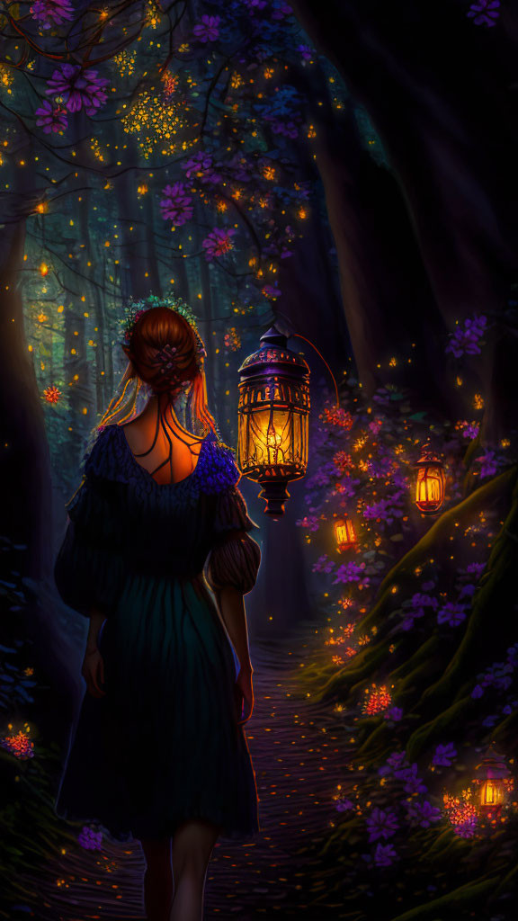 Woman with lantern in mystical forest path at twilight