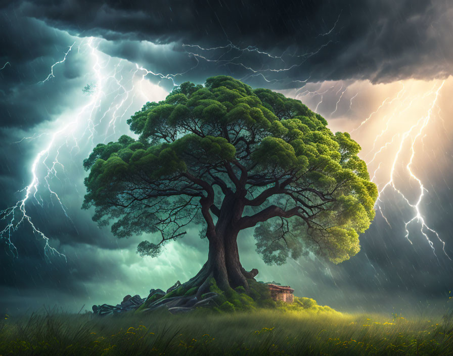 Majestic tree in field under lightning storm clouds