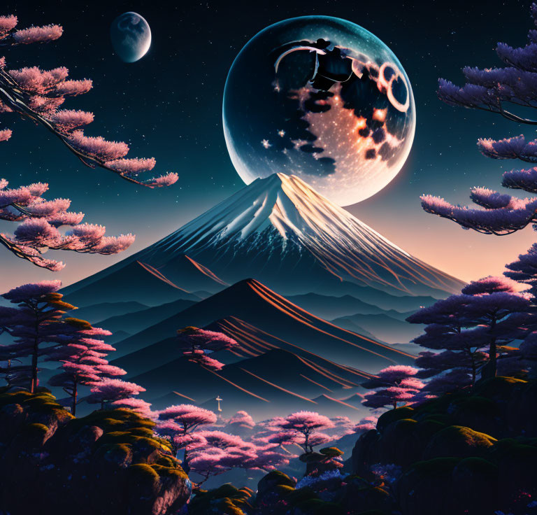 Surreal landscape featuring Mount Fuji, cherry blossoms, moon, and silhouetted figures