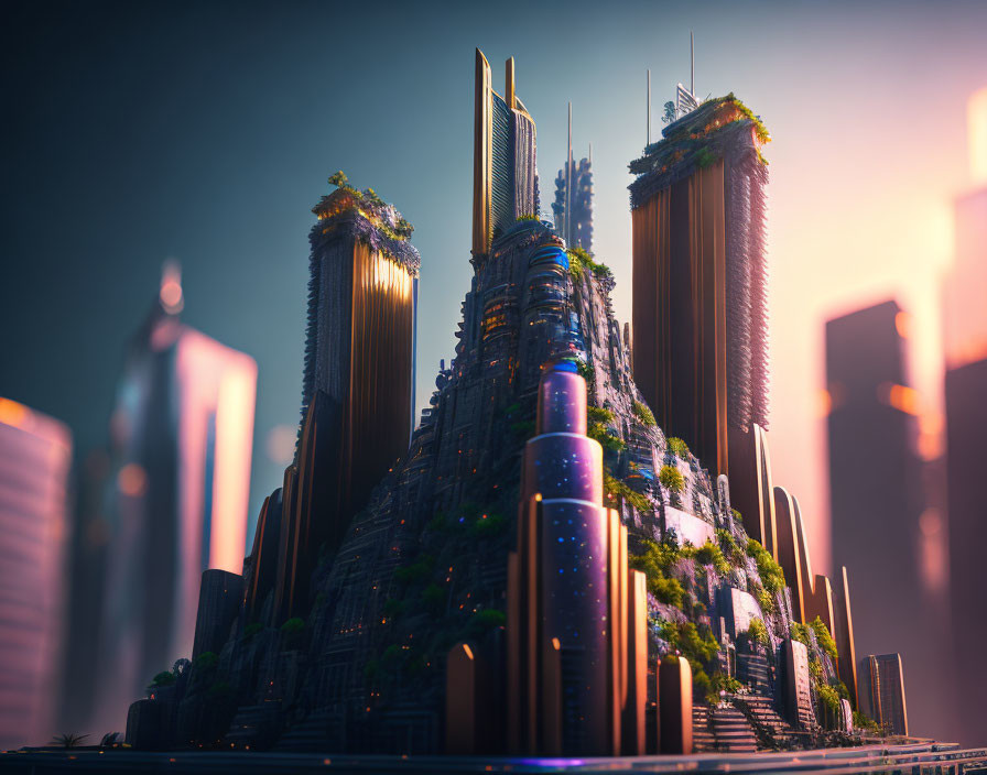 Futuristic cityscape with towering skyscrapers and greenery at sunset