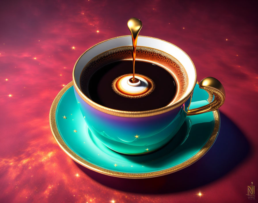 Surreal coffee cup with galaxy swirls and cosmic background