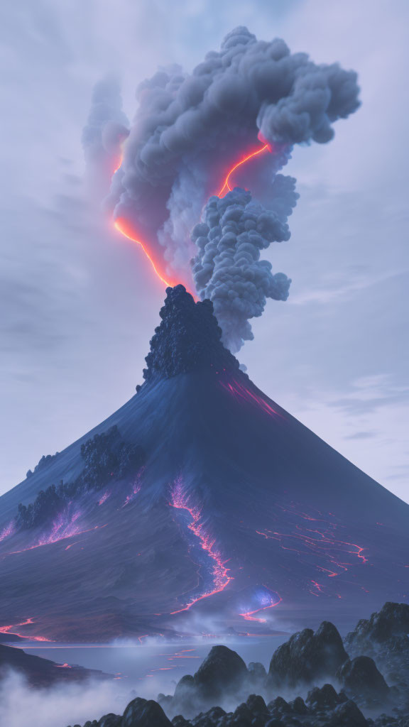 Erupting volcano with lava flows, lightning, and ash in twilight sky