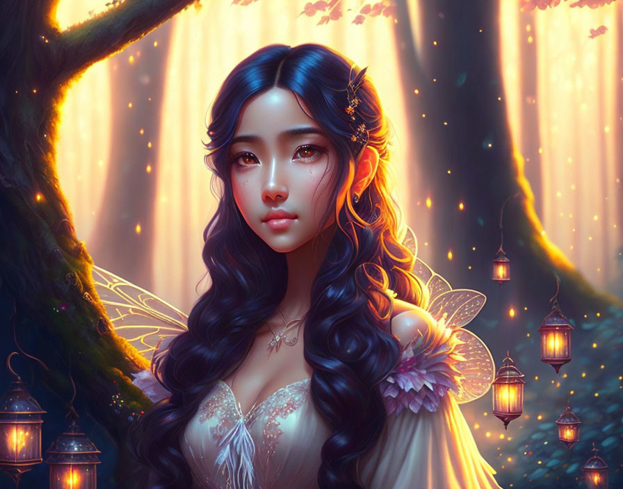 Fantasy illustration of young woman with dark hair and ethereal wings in enchanted forest