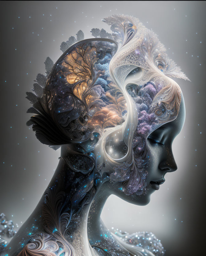 Surreal female figure with cosmic headpiece blending nature and universe