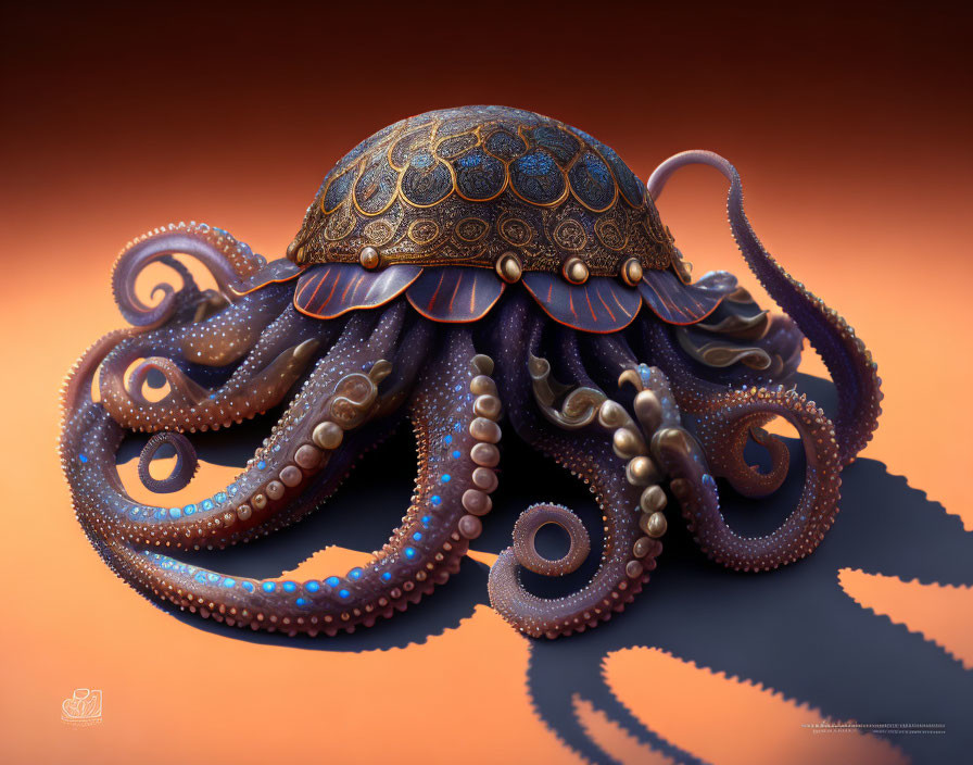 Detailed Octopus Artwork with Ornate Tentacles on Orange Background