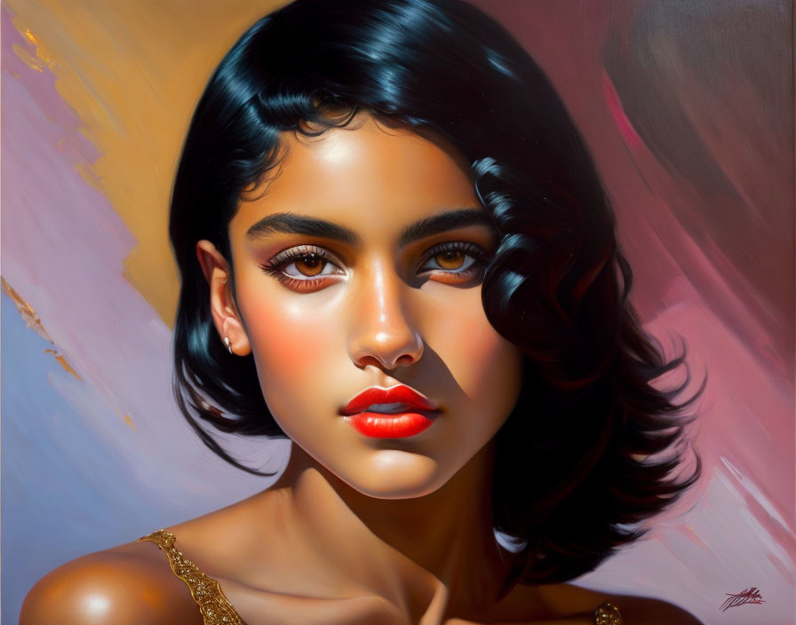 Hyperrealistic Painting: Young Woman with Dark Hair and Amber Eyes