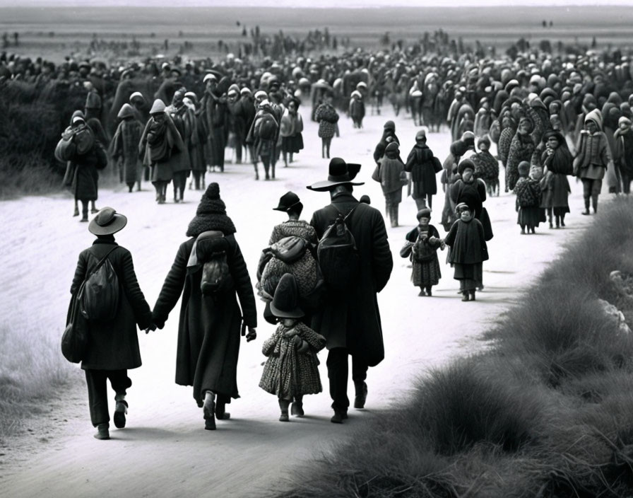 Diverse group walking in field, family holding hands