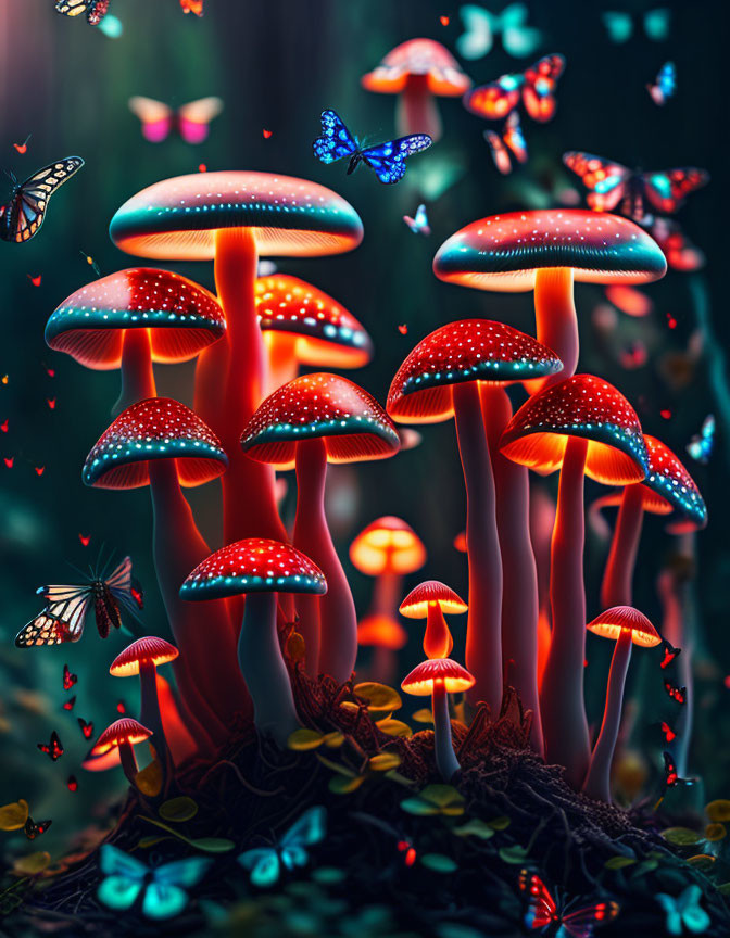 Vibrant butterflies and glowing mushrooms in dark forest